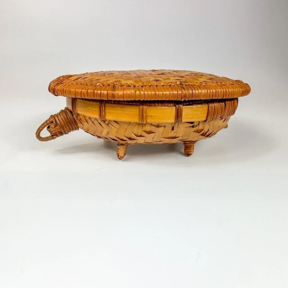 Woven Wicker Turtle Basket Box Lid Tortoise Rattan